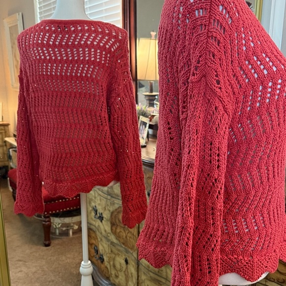 American Eagle Outfitters Red Open Knit V-Neck Sweater - Picture 3 of 10